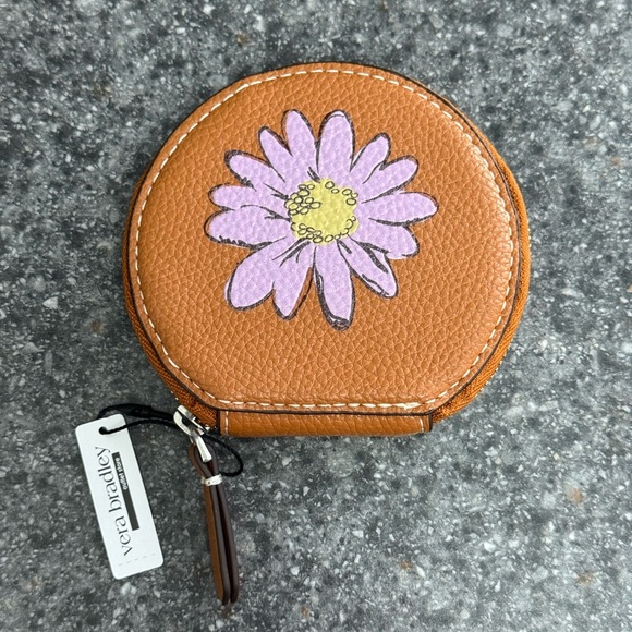 NWT Vera Bradley Essential Round Zip Pouch Faux Leather Brown Purple Flower - Picture 1 of 9